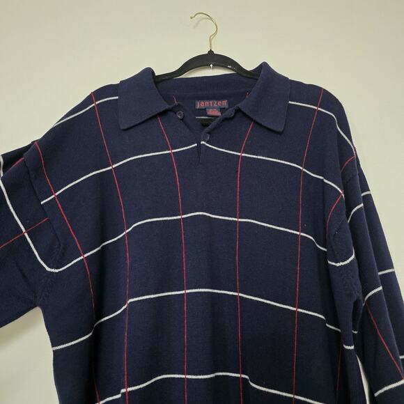 Vintage Jantzen Plaid Collared Sweater Mens XL Navy Blue Preppy Golf 90s Retro - Picture 2 of 8
